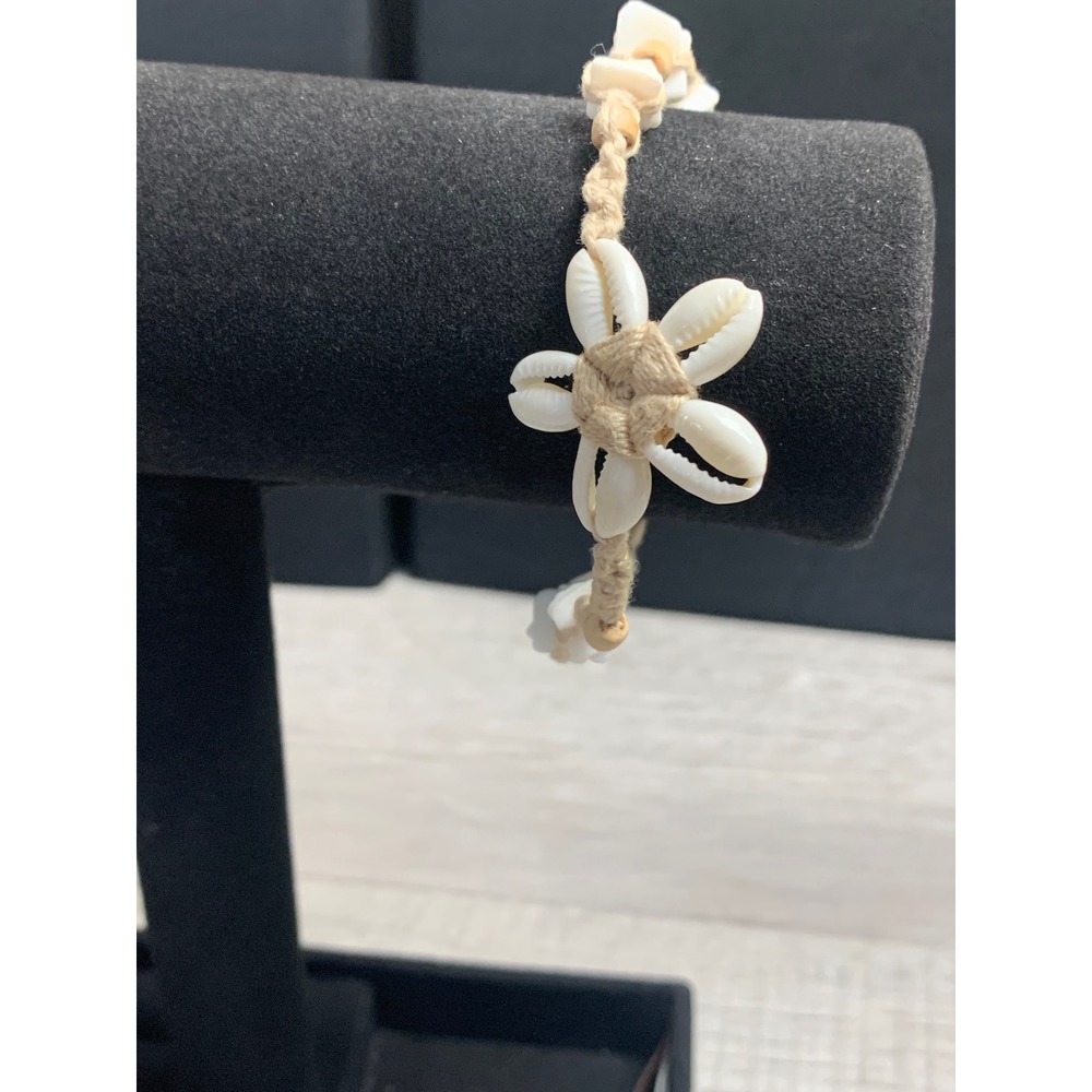 Handmade Cowrie Shell Flower Woven Cord Bracelet Tan Boho Beach Adjustable 7-9in